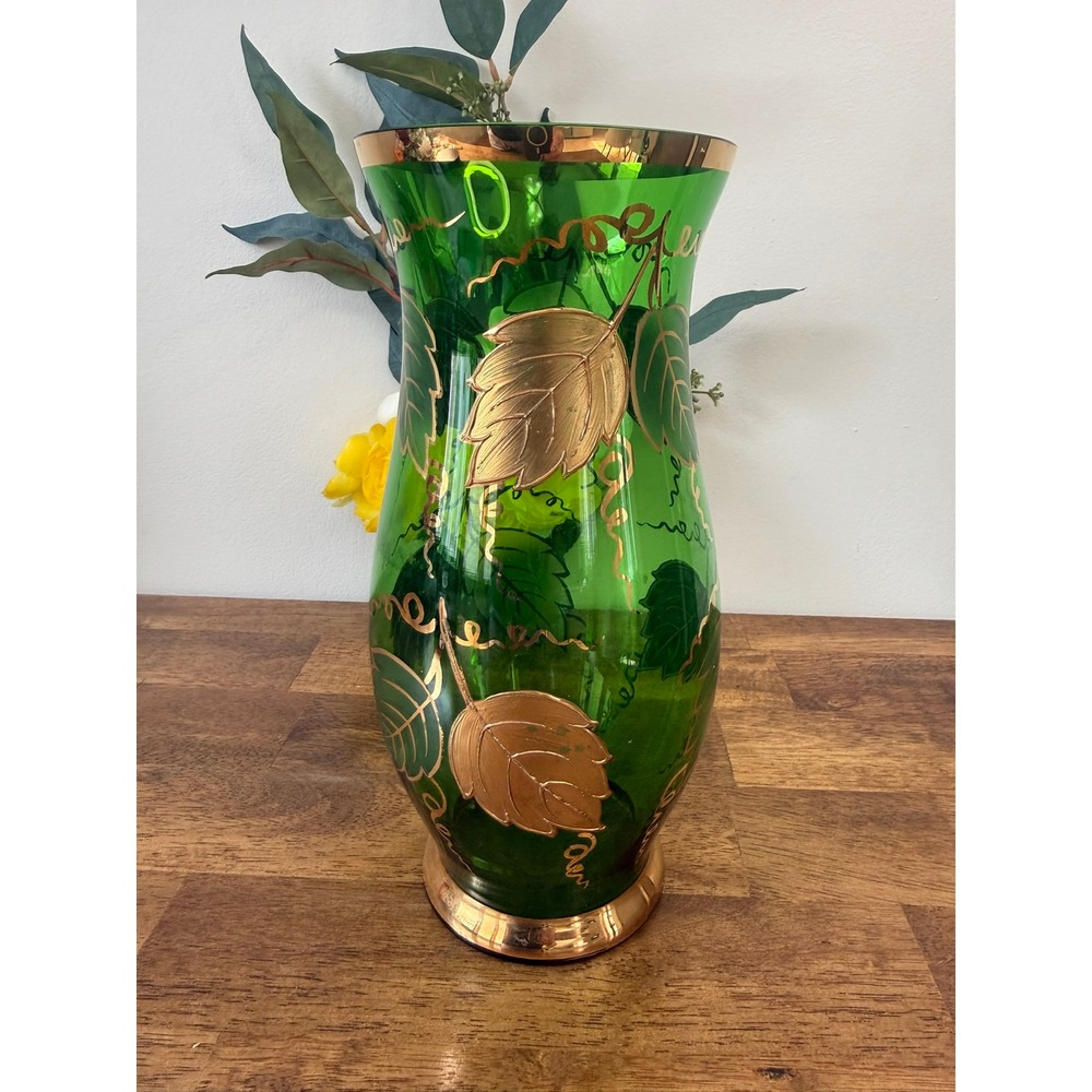 Vintage Emerald Green Glass Vase Gold Enamel Leaves Czech Bohemian Style‎ MCM